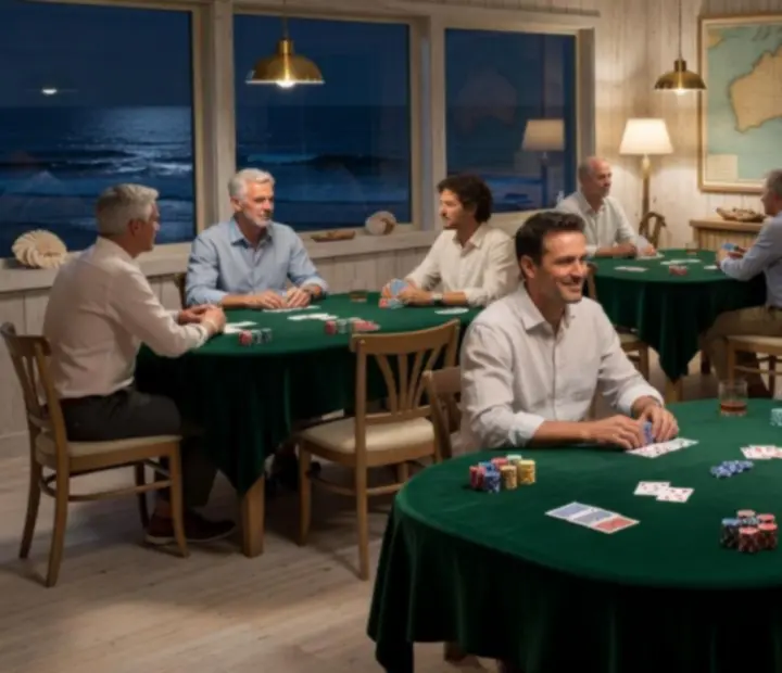 Dedicated Texas Hold'em card room with green felt tables and neatly arranged chips.