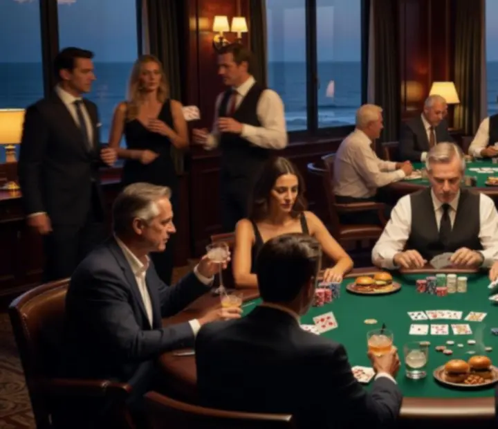 Timeline collage of dinner, card room poker tables and late-night tournament atmosphere at Lucky Pamppa