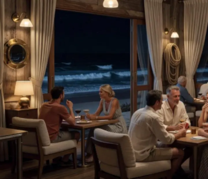 Evening view of a coastal restaurant lounge with soft lighting and relaxed guests.