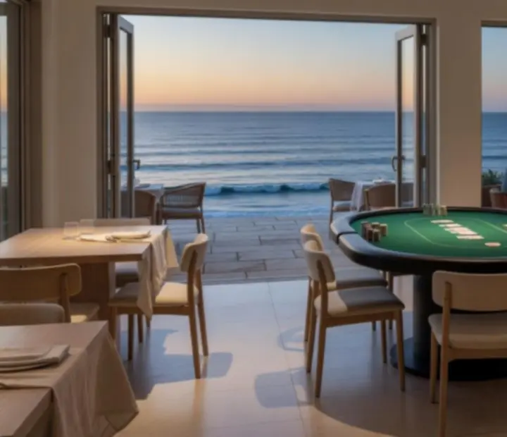 Coastal Australian restaurant card room at night with open doors, poker table and warm lighting