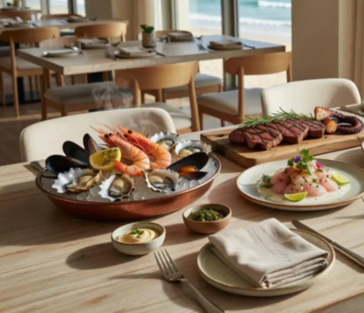 Australian coastal share plates and seafood arranged on a timber table.