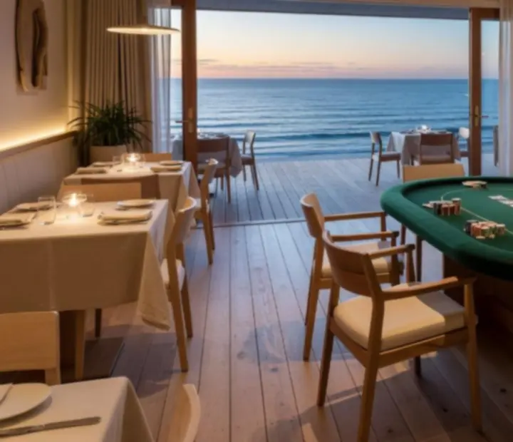 Australian coastal restaurant opening into an evening poker lounge with a green felt card table and warm interior lighting.