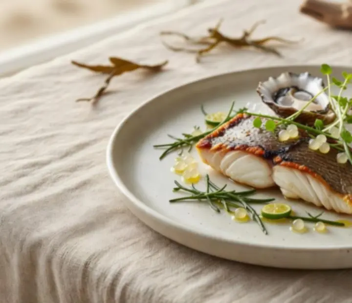 Signature coastal seafood dish served in a bright, ocean-side setting