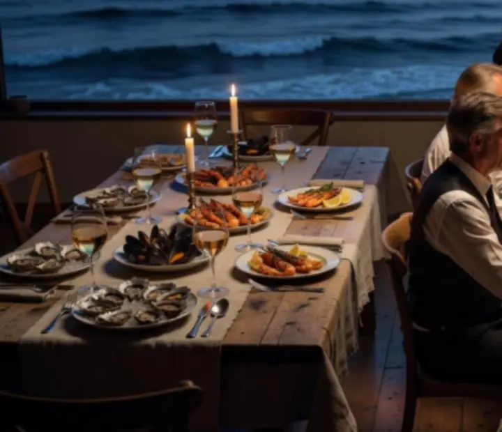 Editorial montage from coastal dinner to night poker room