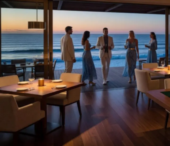 Coastal Australian restaurant card room at dusk with timber furniture and poker tables laid with green felt, cards and chips.