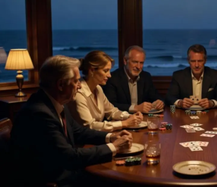 Final hands being played in a coastal card room at night.