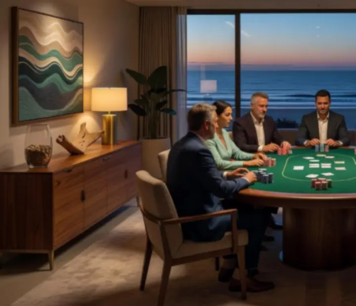Guests gathering around a green-felt poker table.