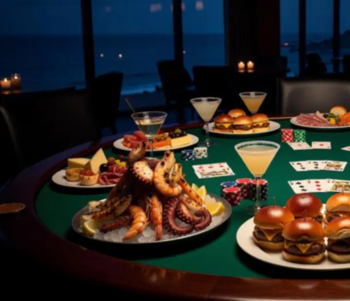 Late-night sliders, share plates and snacks beside poker chips and playing cards at Lucky Pamppa