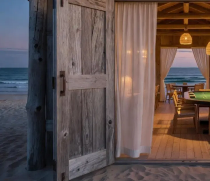 Coastal restaurant lounge at dusk with open timber doors and warm pendant lights.
