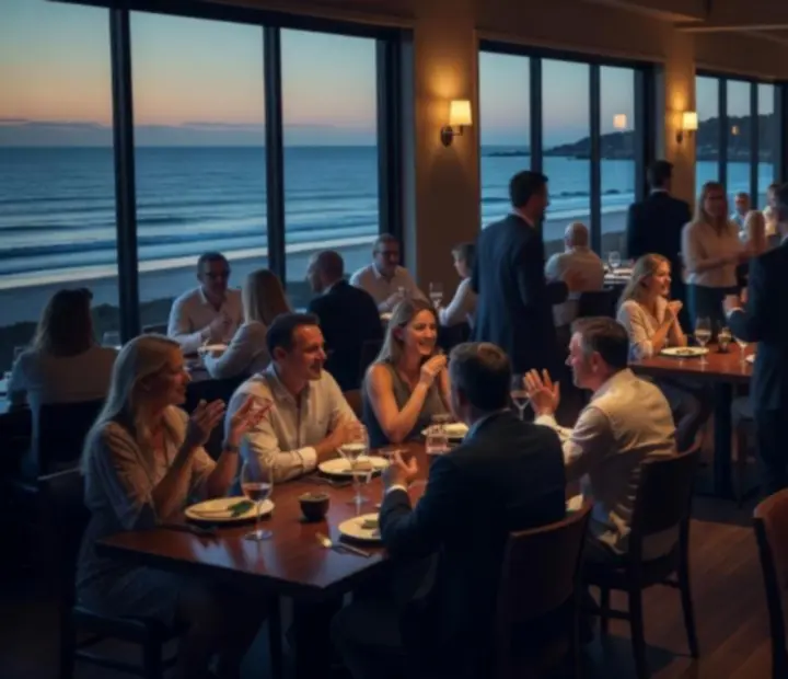 Timeline collage of a coastal restaurant transitioning into an evening poker lounge.