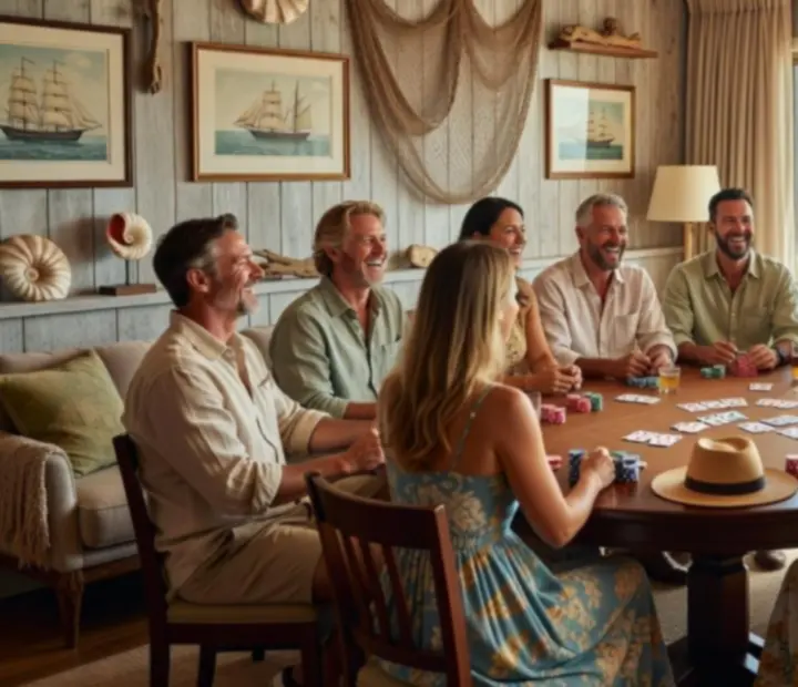 Group of players gathered around a poker table in a relaxed coastal lounge.