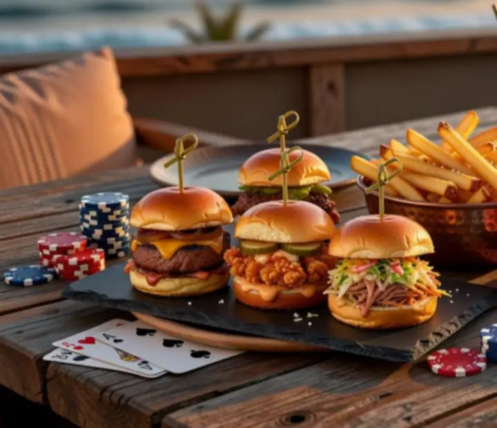 Editorial-style image of poker table bites and snacks for sharing.