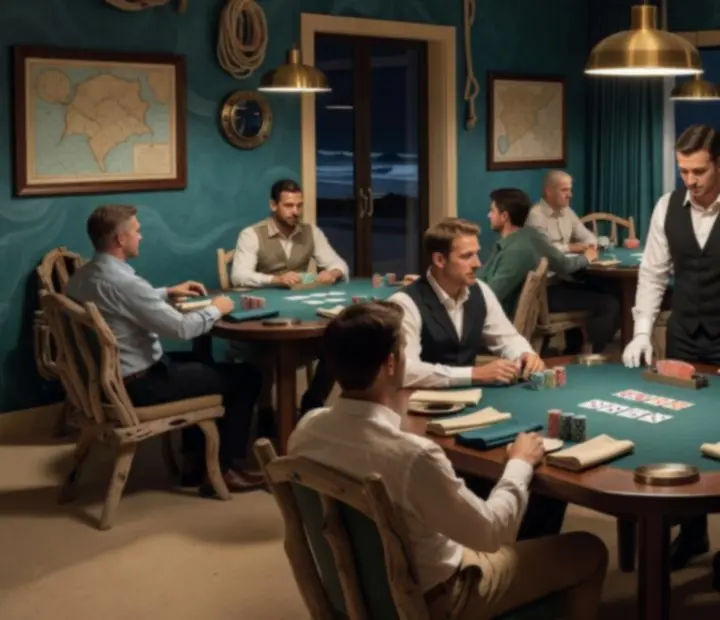 Softly lit poker room with green felt tables, linen textures and players gathered for an offline Texas Hold’em evening.