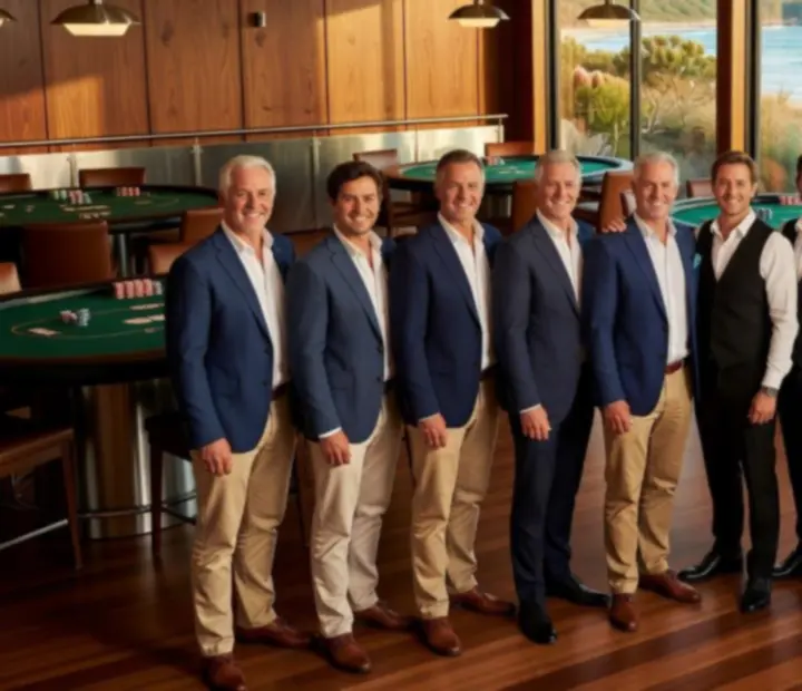 Poker hosts and chefs standing together in the coastal restaurant and card lounge at Lucky Pamppa