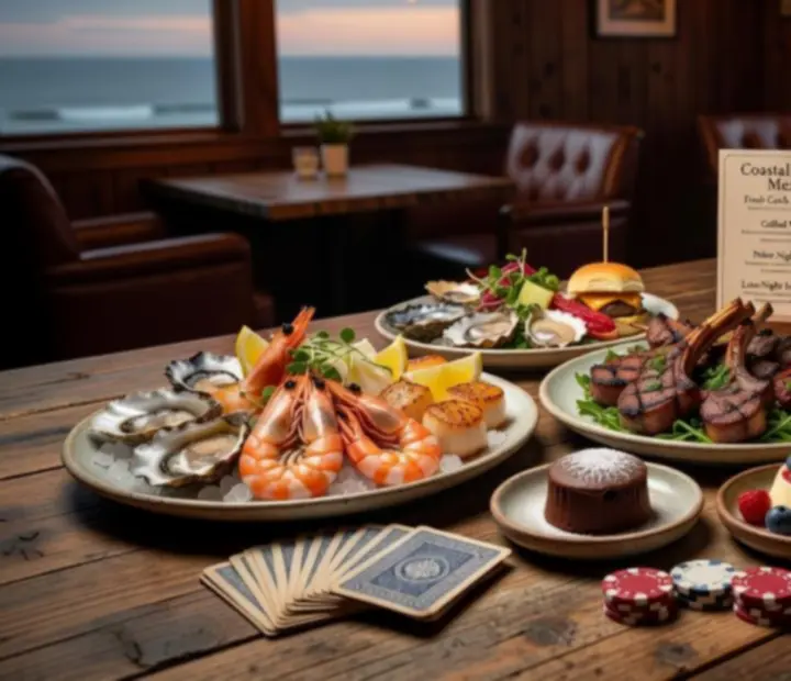 Coastal-inspired poker night dishes arranged beside a green-felt table.