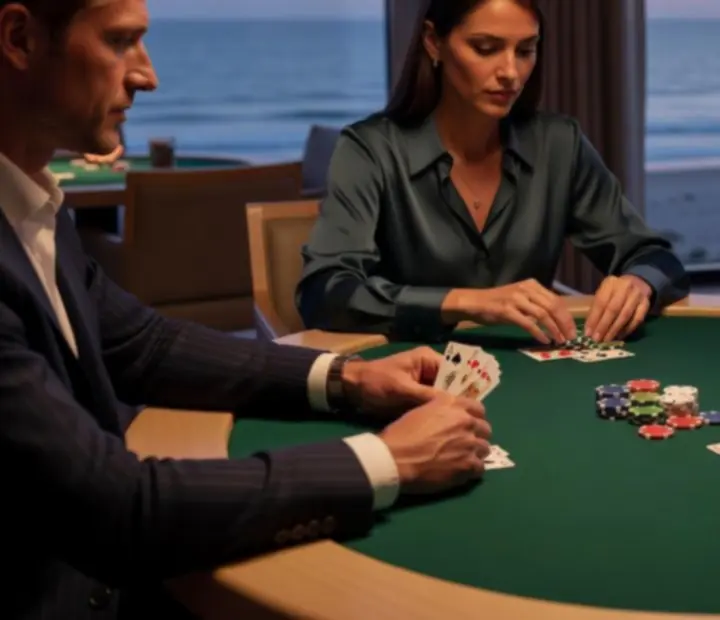 Texas Hold'em table with cards and chips under warm pendant lights at Lucky Pamppa.