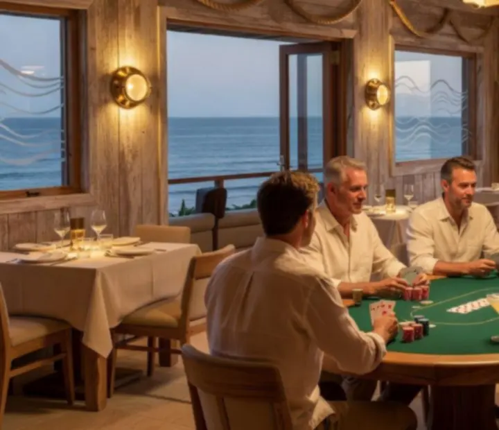 Coastal poker lounge with warm timber tables and green felt card room.