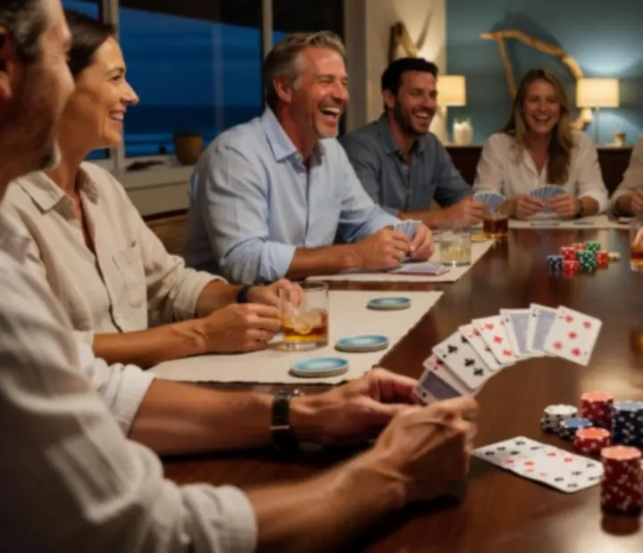 Editorial collage of poker night rituals with players gathered around green felt tables in a coastal lounge.