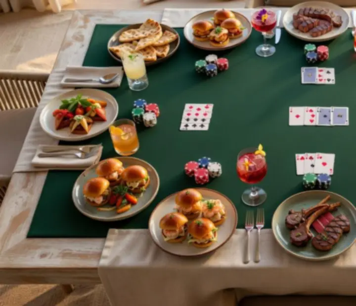 Shared poker table bites with seafood, sliders and grilled dishes.