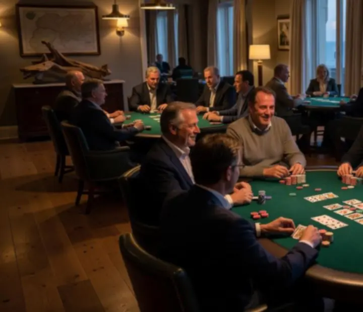 Night-time poker tables set with green felt and chips in a coastal restaurant