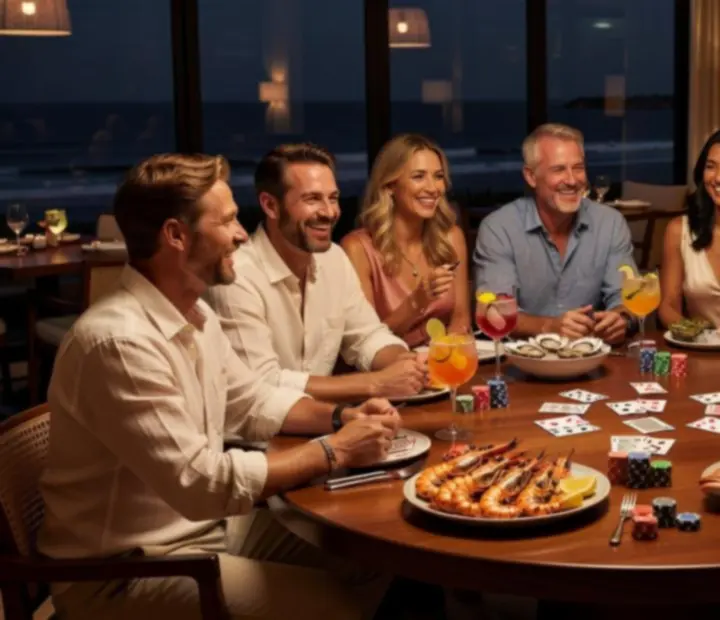 Friends sharing coastal dishes at a poker table in an Australian restaurant, with cards and chips on green felt