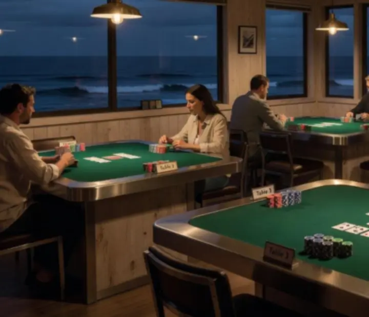 Texas Hold'em tournament tables set for an evening offline poker event under soft lighting