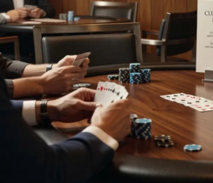 Texas Hold'em table with players, green felt and ocean-inspired interior.